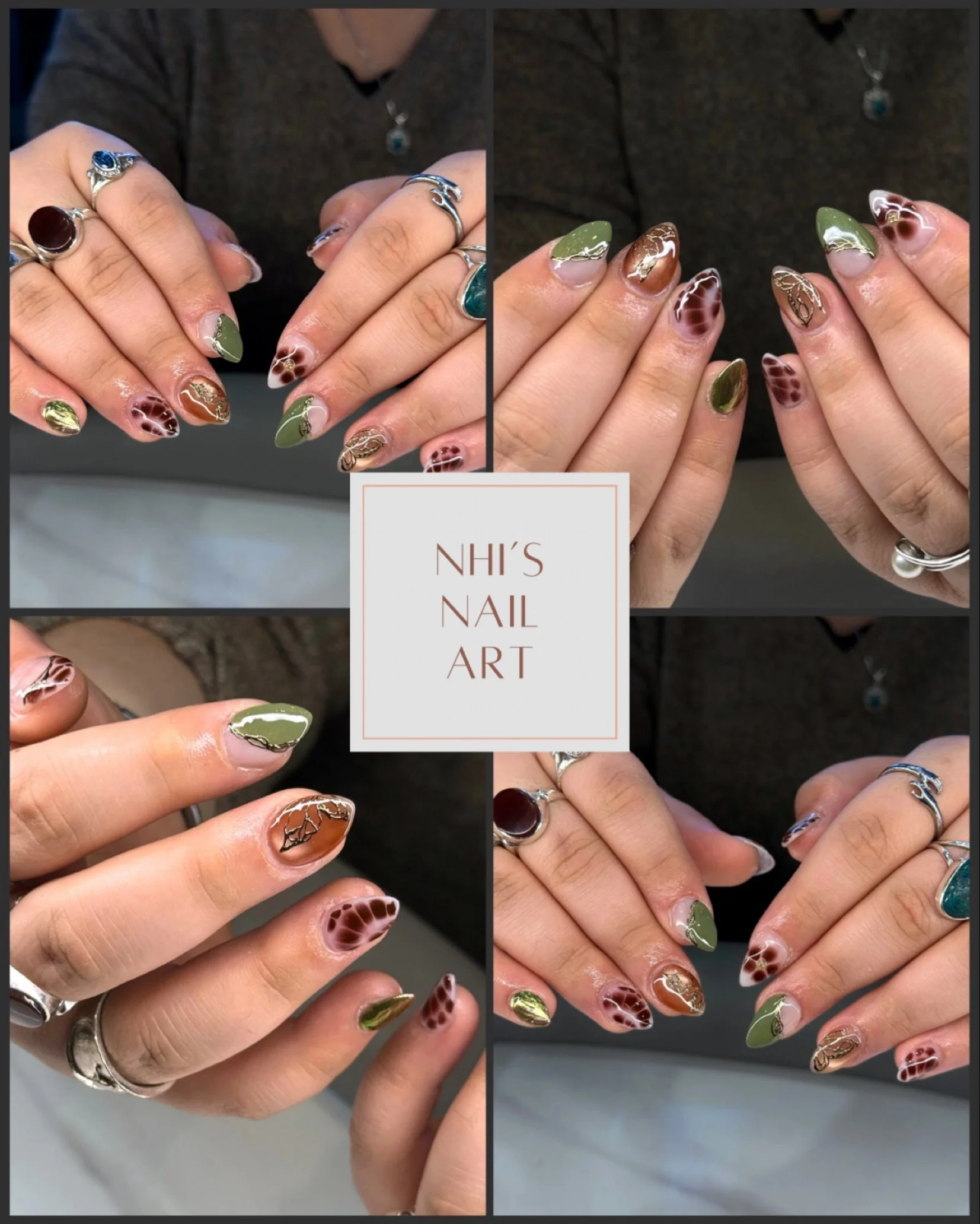 January Nail Art 💅
Earthy tones, gold accents, and glassy textures? Yes, Nhi did that.✨
This week&rsquo;s set is a little bit of everything &mdash; warm greens, layered amber tones, abstract texture work, and delicate gold detailing. It&rsquo;s givi