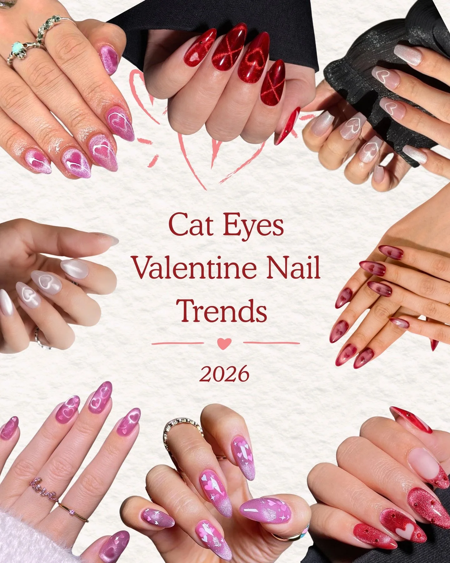 ✨Cat Eyes Valentine Nail Trends &mdash; 2026 Edition✨
You asked for more inspo and we delivered &mdash; Cat Eyes style. 💅

From soft shimmer hearts to bold red velvet magnetic swirls, we&rsquo;re showing off all the ways you can take your Valentine 