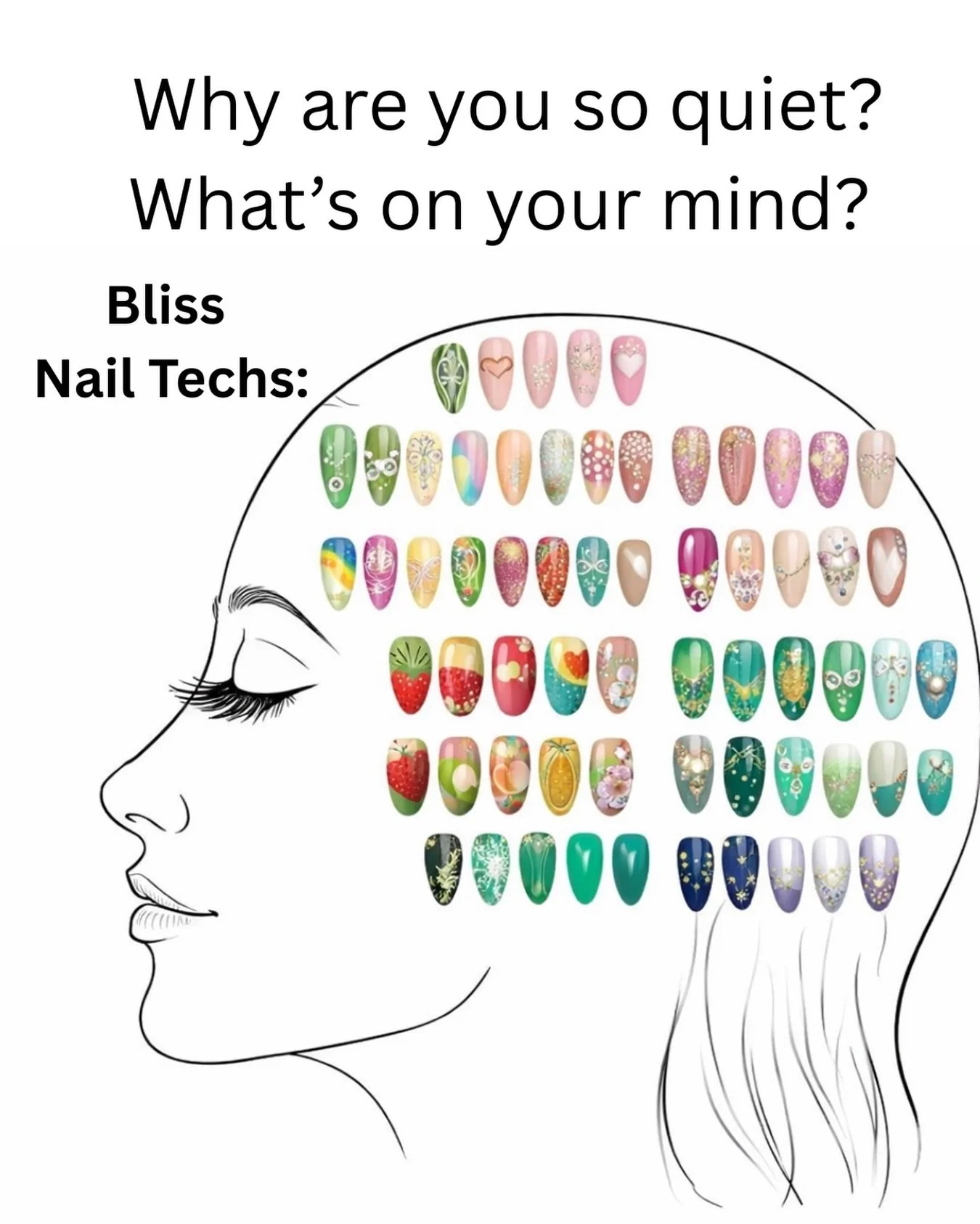 &ldquo;Quiet?&rdquo;&hellip; babe I&rsquo;m choosing between 47 nail designs 💅😌

Bliss nail tech brain = nonstop creativity ✨
Which set are you picking?? 👀💖

#NailTechLife #nailtechhumor #NailInspo #nailshumor #nailartideas