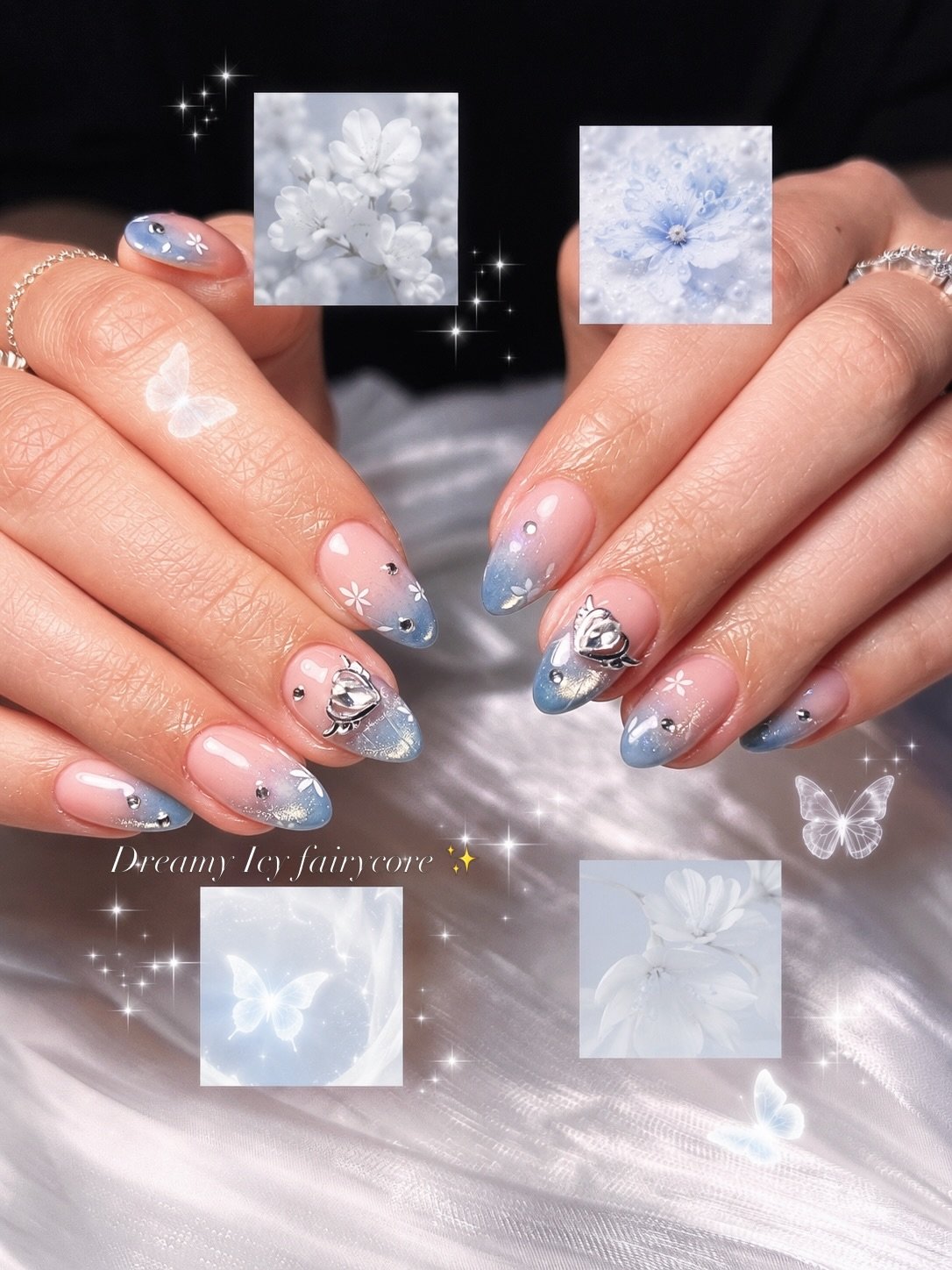 POV: your nails belong in a dreamy Pinterest board ☁️🦋✨
soft icy ombr&eacute;, fairy sparkles, tiny florals &amp; icy chrome details&hellip; Annie really understood the assignment 🤍❄️

Save this for your next nail appointment ♡
#bostonnailart #icyn