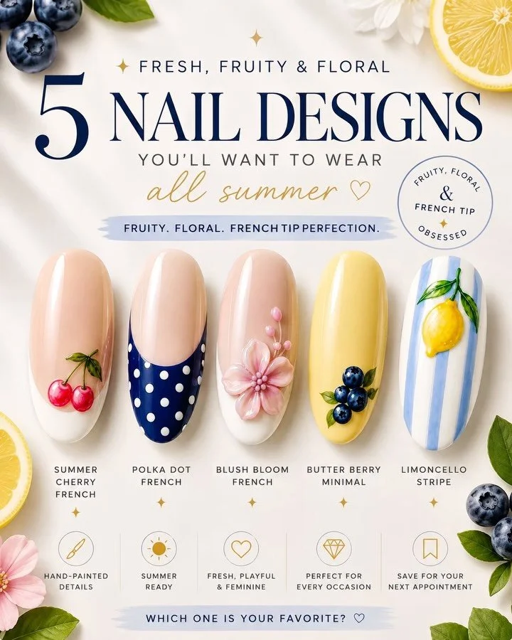STOP scrolling if your summer nails still look boring ☁️🍋🫐✨

SWIPE through 5 aesthetic subtle nail designs that are about to take over this summer &mdash; fruity details, glossy french tips, soft florals, and that clean effortless rich-girl aesthet