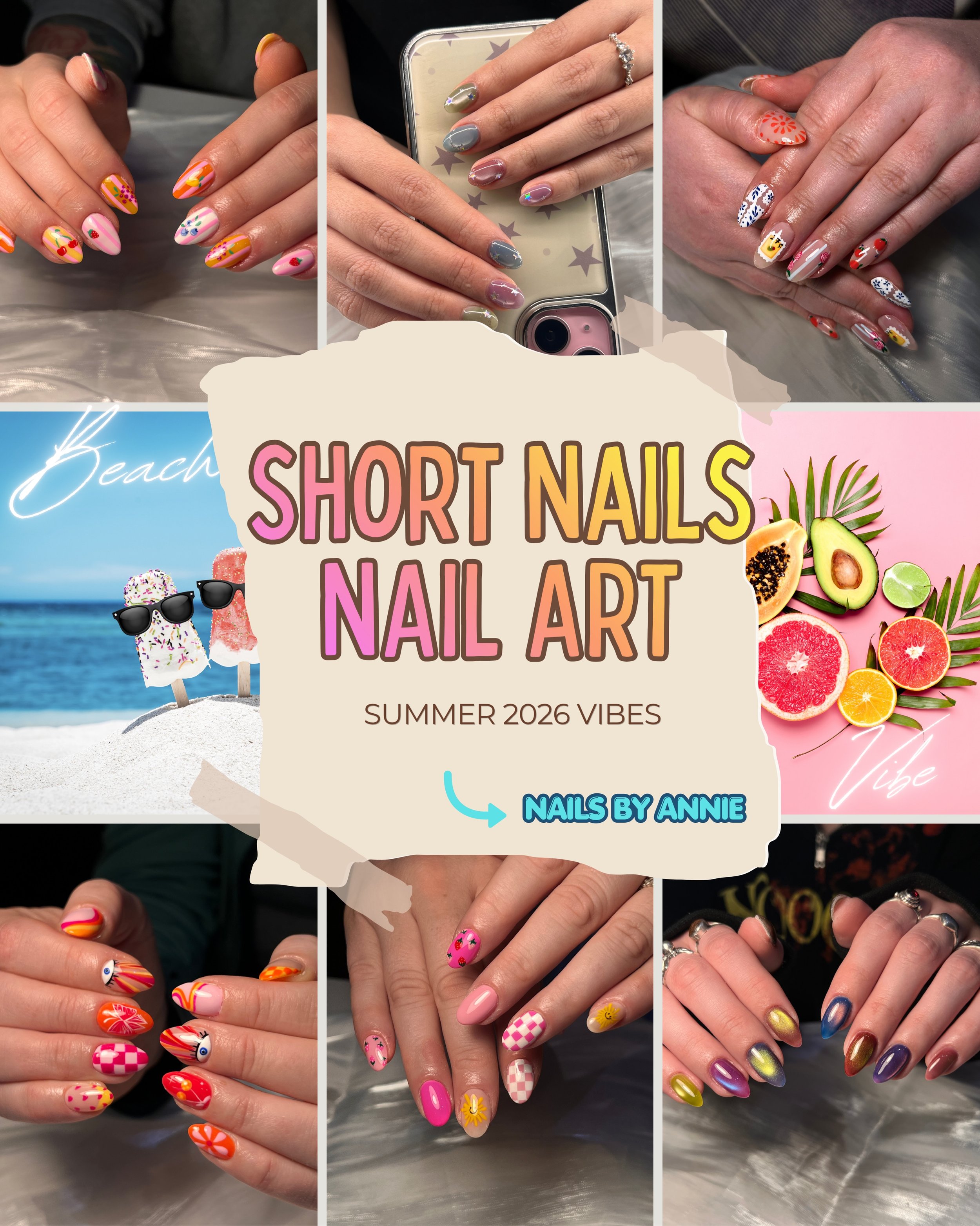 POV: short nails can still do the most 💅🌴
Annie&rsquo;s Summer 2026 short nail art lineup is giving vacation, fruit, chrome + cute girl energy ✨

Which set wins? 👀 

#shortnailsdesign #summernails #nailtok #nailinspo #bostonnailtech 

cateyes Colo
