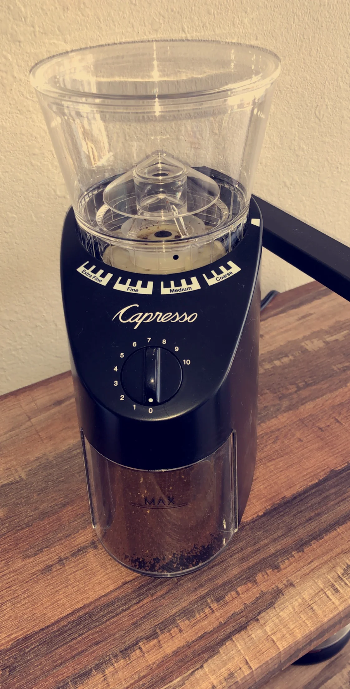 This Capresso coffee bean grinder is the perfect size for my place and grinds beans in seconds!