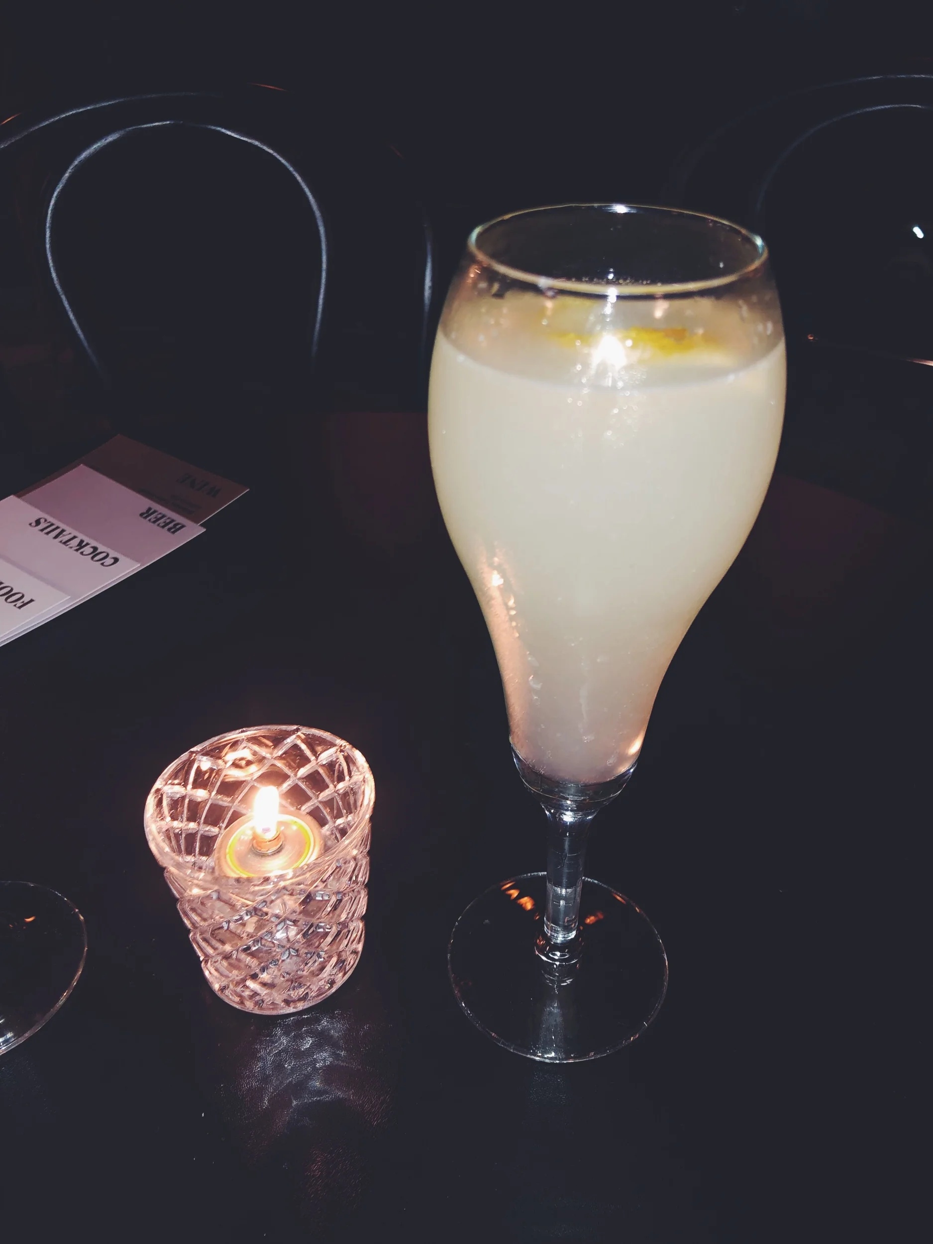 Beautiful crystal glass holding a candle. The ambiance was relaxing and captivating at the same time.