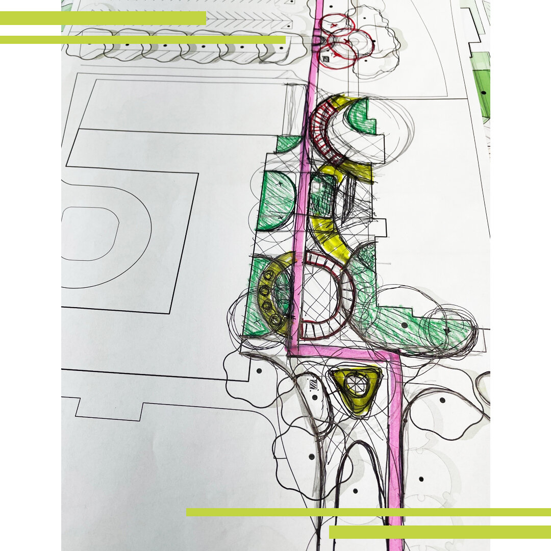 At JBC, everyone's design process looks different...and can vary from project to project. Pictured here is a sketch by Rachel as she uses the existing pathway circulation, vegetation and elevation changes on campus to create fluid circulation paths a