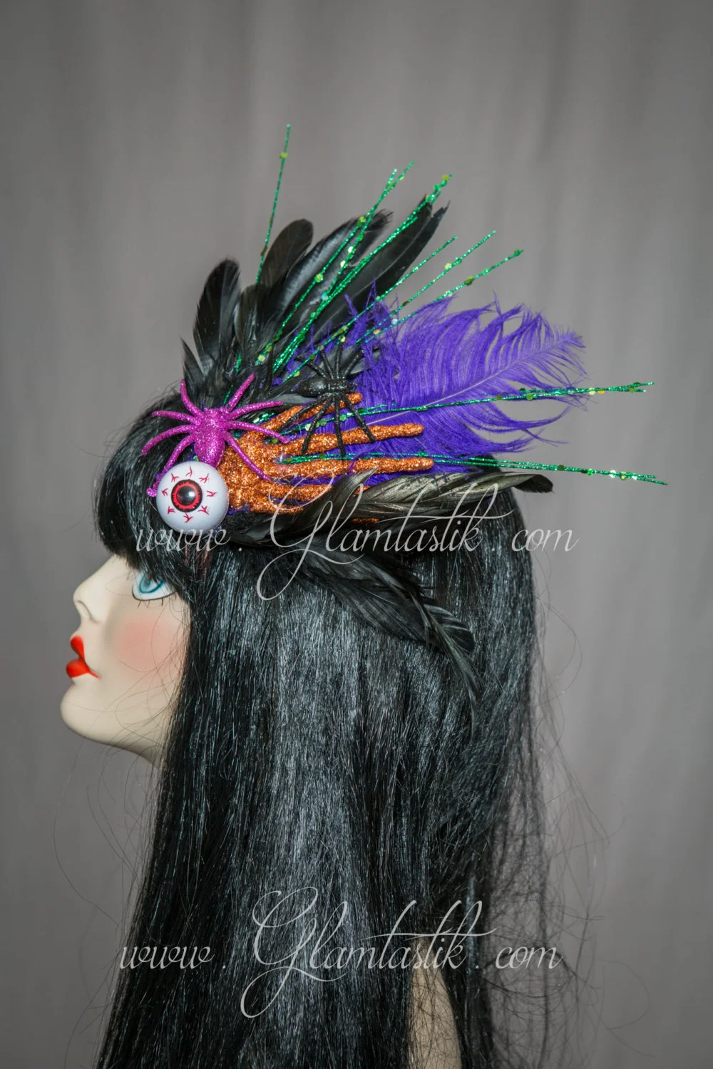 Ready to ship halloween hair piece with spiders, eyeball, skull hand, and lots of feathers