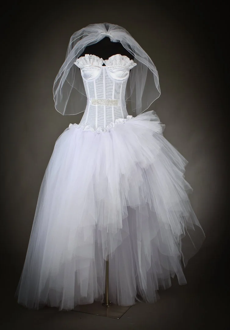 Size Medium White Madonna inspired wedding gown high low Ready to Ship with  Veil  Glamtastik