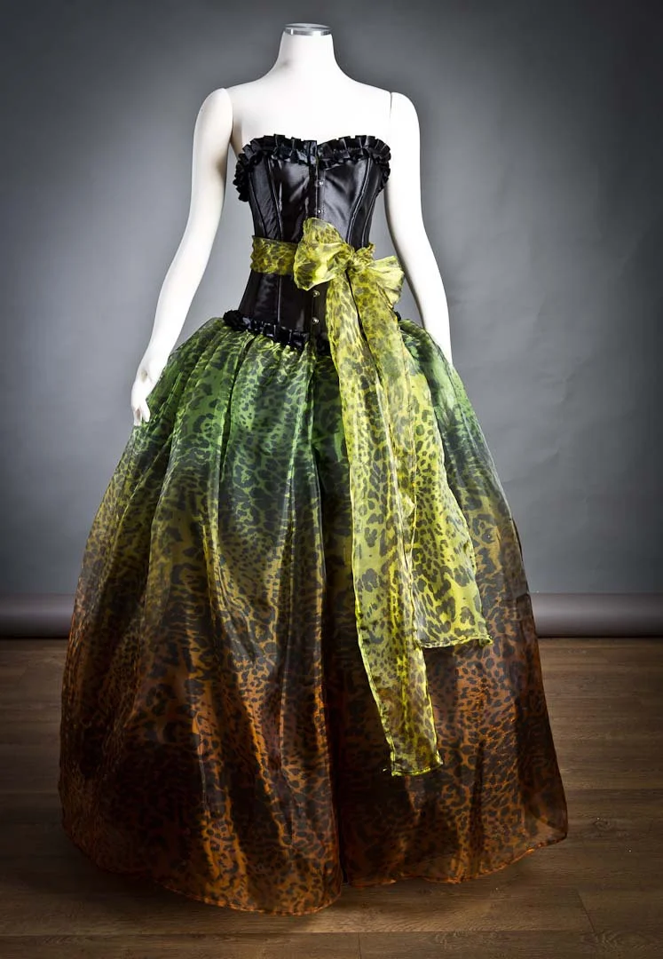 Ooak Size Medium Green Orange Yellow and Black Leopard burlesque corset Ball gown with bow Prom Dress READY TO SHIP