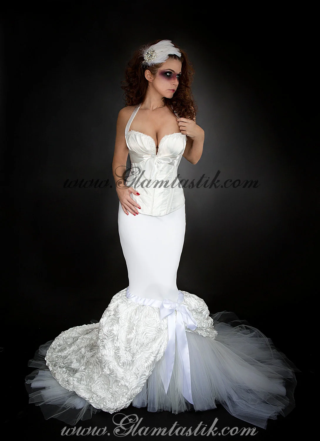 Size medium Ivory ribbon and rose mermaid style tulle prom dress Ready to Ship