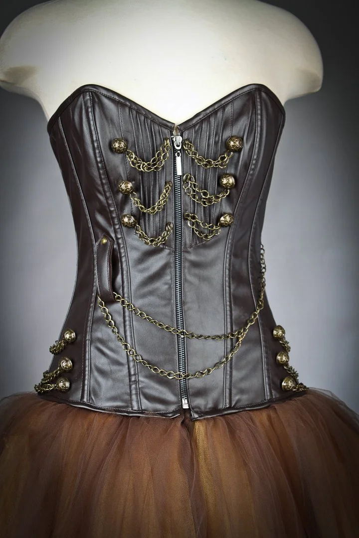 Size Medium Brown and Gold Steam punk leather burlesque corset Chain prom  dress full length Ready To Ship  Glamtastik