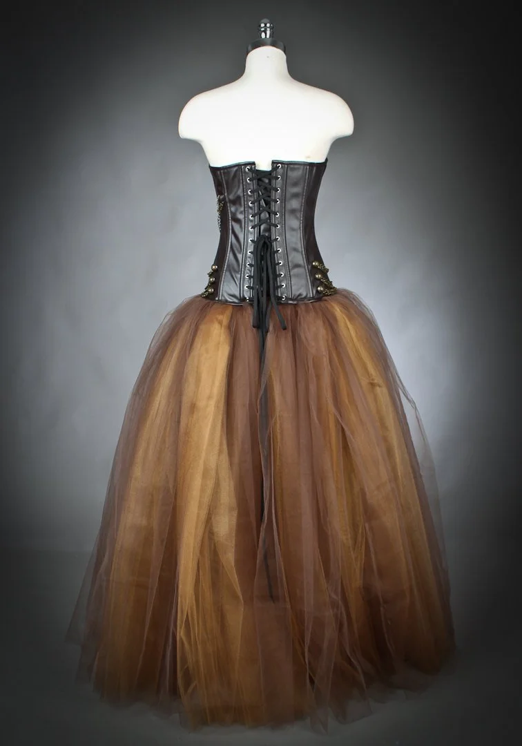 Size Medium Brown and Gold Steam punk leather burlesque corset Chain prom  dress full length Ready To Ship  Glamtastik