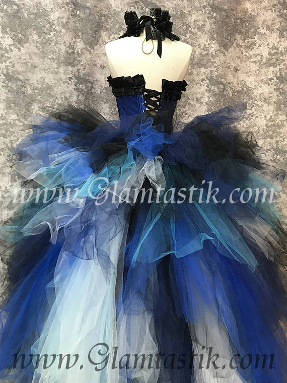 Custom Order Blues white and Black Burlesque Corset tulle ball gown witch  costume day of the dead with lace collar costumeS-XL  Glamtastik
