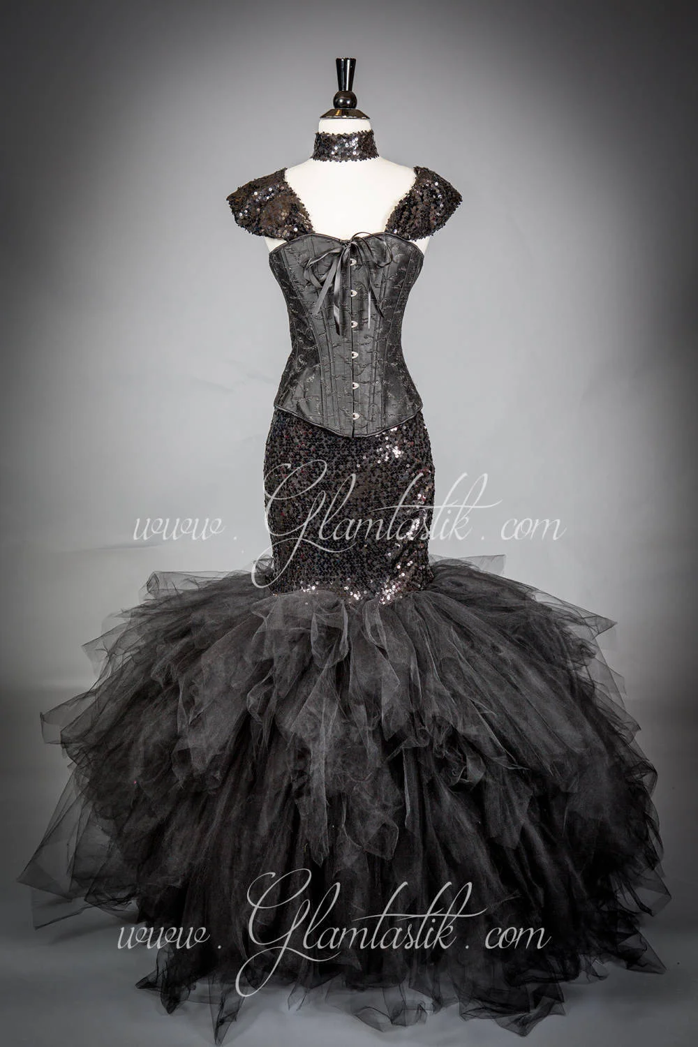 Custom Size Black sequin mermaid style tulle prom dress with choker S-6XL