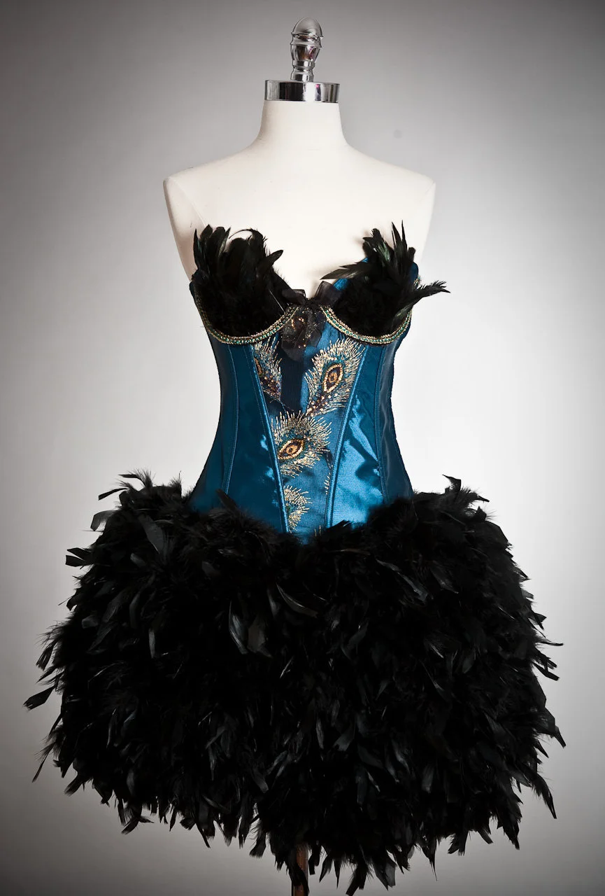 Custom Size Burlesque turquoise and black Peacock feather corset dress