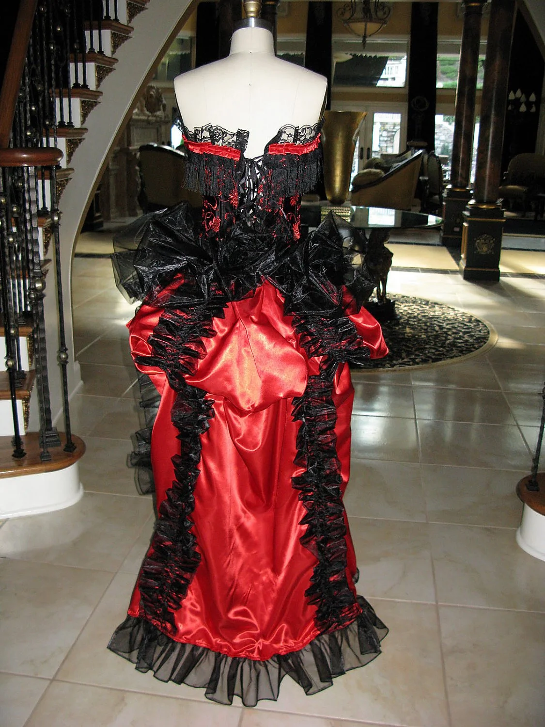 red and black burlesque dress Red Satin Black Tutu Skirt Burlesque Overbust Corset Dress XL