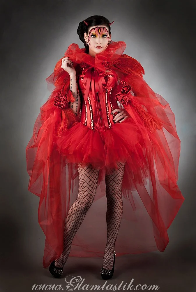 Custom Size Red Burlesque Devil corset dress with ostrich feather cape S-XL