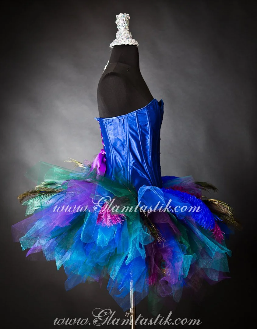 Custom Size Blue Purple Turquoise Green and Black Peacock burlesque corset  tutu feather dress costume S-XL  Glamtastik