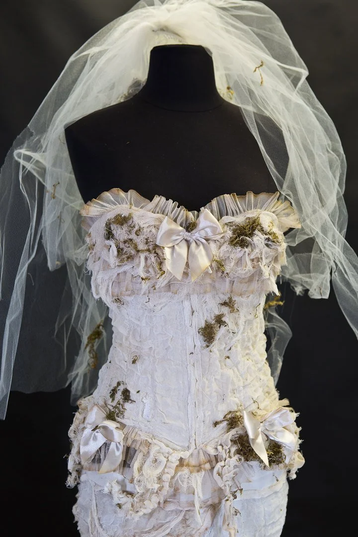 Custom Size Ivory Burlesque zombie Bride corset mermaid style dress with  long train and moss and veil  Glamtastik