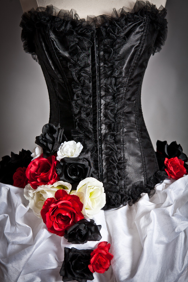Custom size Red and Black Feather and tulle Burlesque Corset Prom