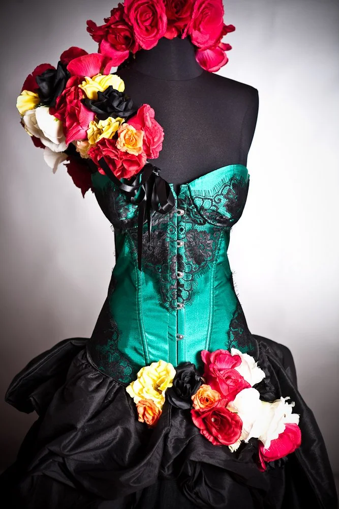 Custom Size Green and black lace burlesque prom dress with bustled train head piece and arm piece roses Day of the Dead costume Glamtastik Custom Size Green and black lace burlesque prom dress with bustled train head piece and arm piece roses Day of the Dead costume Glamtastik