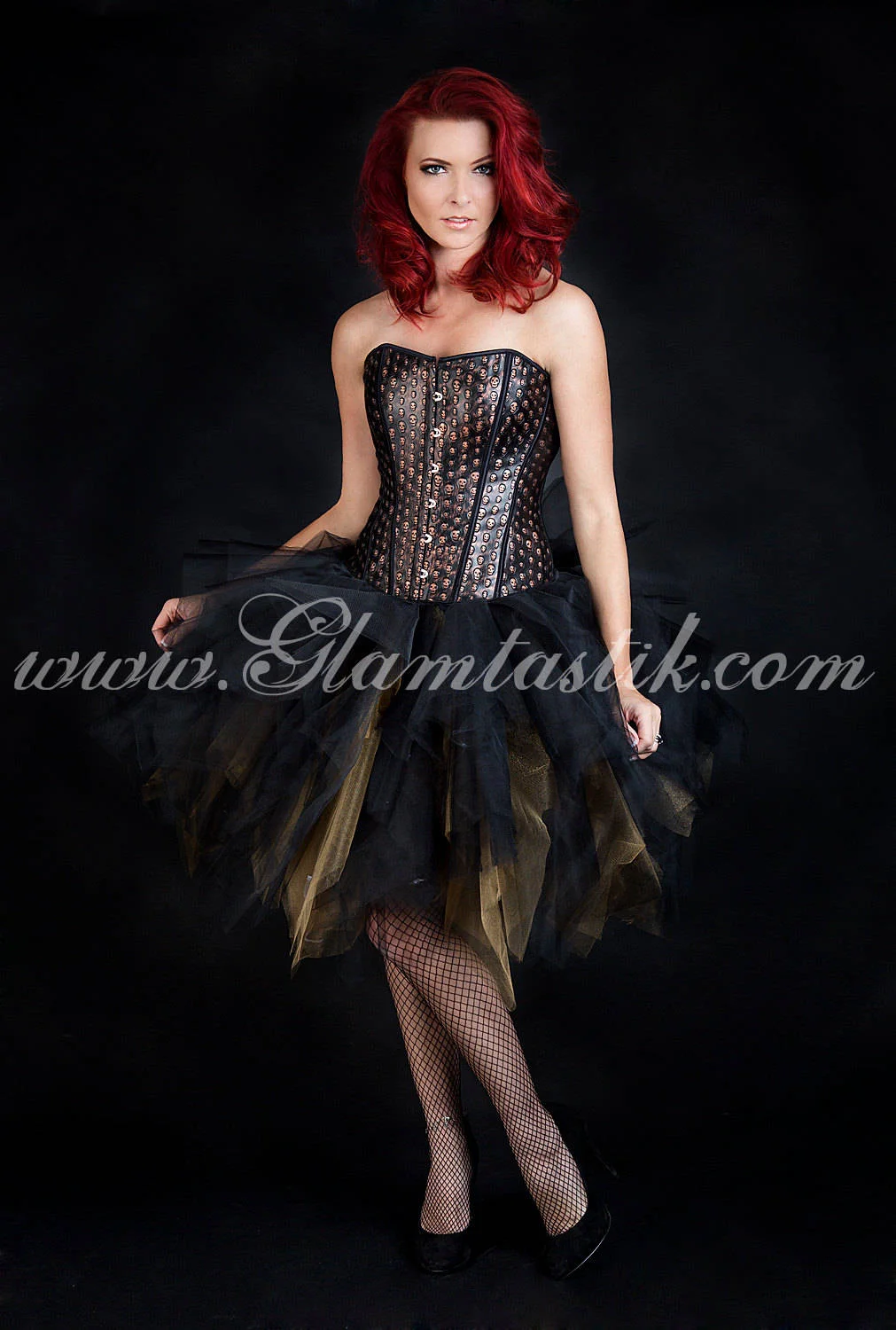 Custom Size Bronze and black skulls and tulle burlesque prom dress witch costume S-XL