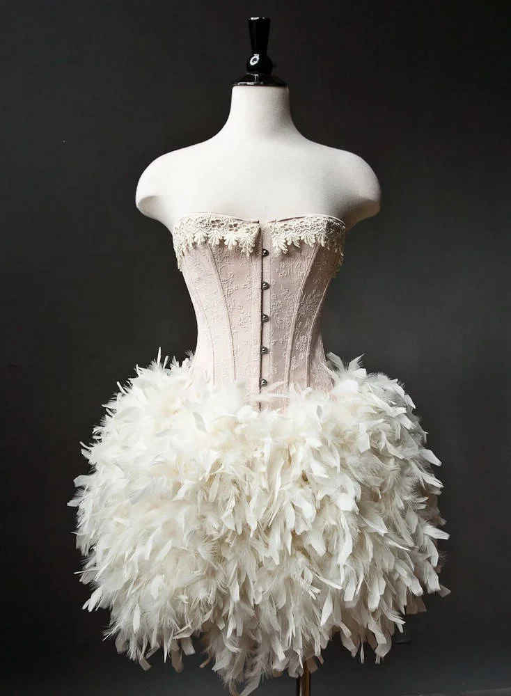 Size small Peach and Ivory Burlesque Feather Corset Dress Ready to ship   Glamtastik
