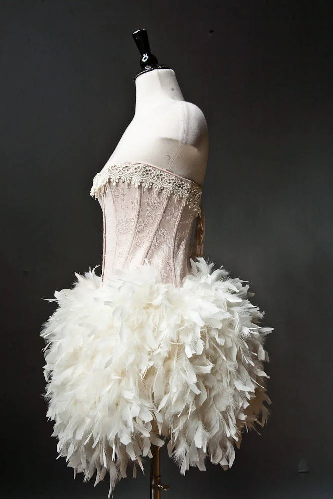 ostrich feather corset dress Custom Size black and ivory ostrich feather Marie Antoinette Burlesque  steampunk corset dress with hair piece S-XL  Glamtastik