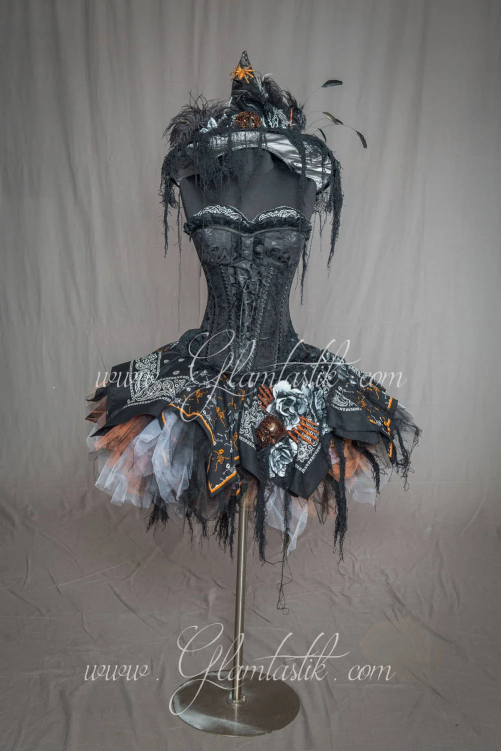 Custom Size Black, Orange and White Burlesque Corset Witch costume with Feathered Hat s-xl