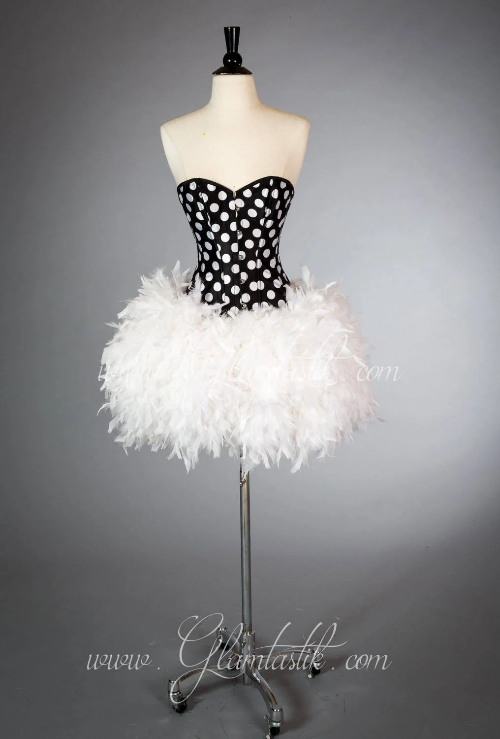 Size Small Black and White Polka Dot Burlesque Feather Corset Dress READY TO SHIP