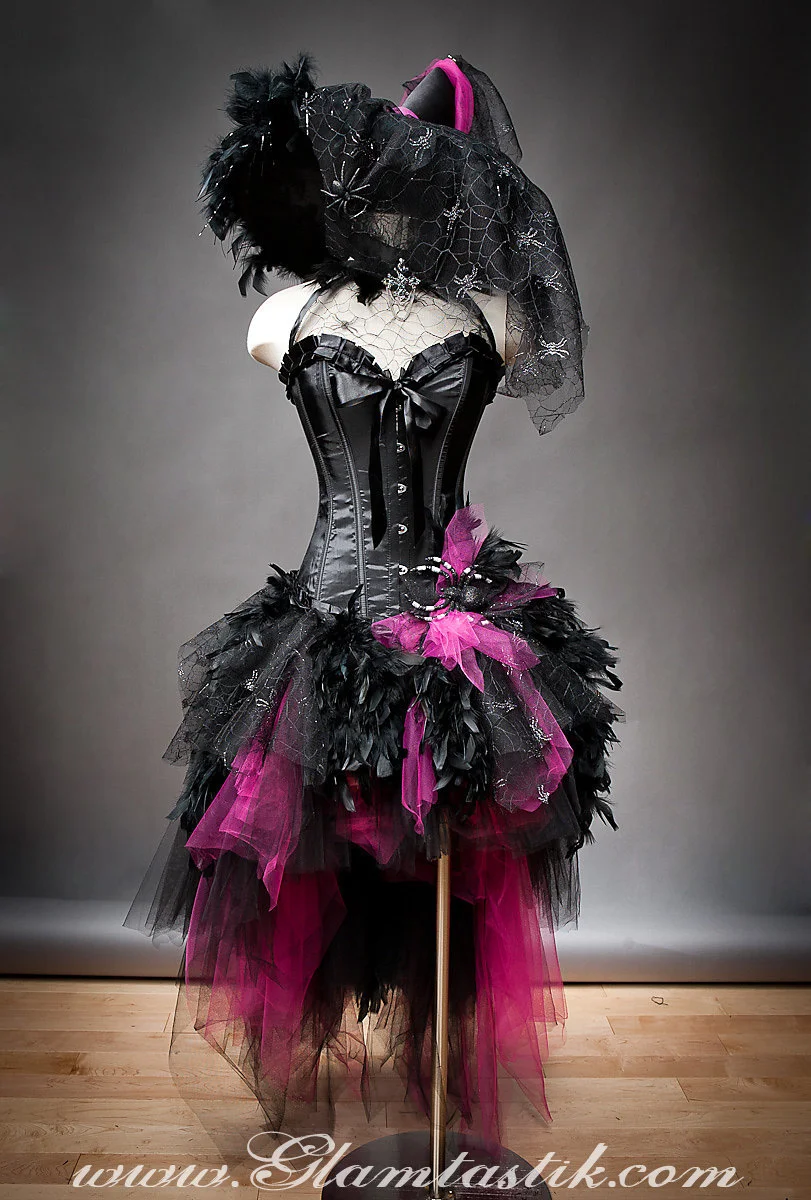 Custom Size hot pink and black Feather Burlesque Corset Witch costume with Hat s-xl