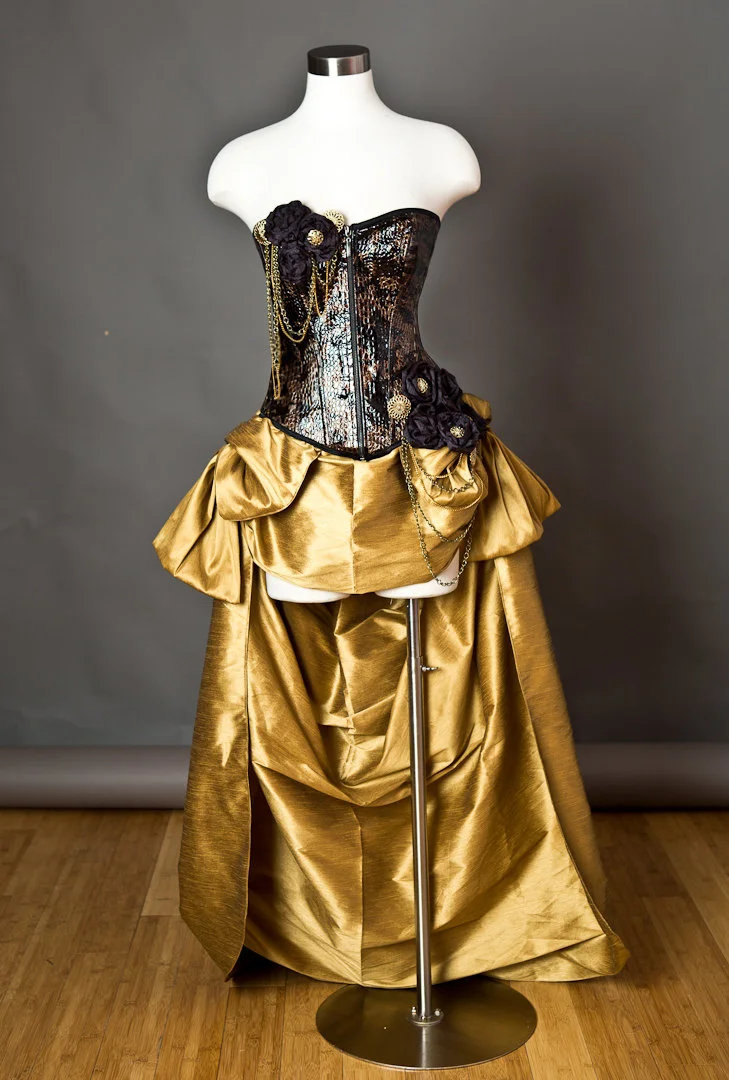 Custom Size brown and gold Steampunk Burlesque corset wedding gown with  train prom chain high low S-XL  Glamtastik