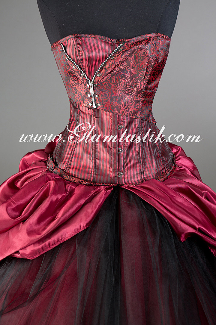 Custom size Red and Black Feather and tulle Burlesque Corset Prom Dress  with red satin bow small-XL — Glamtastik