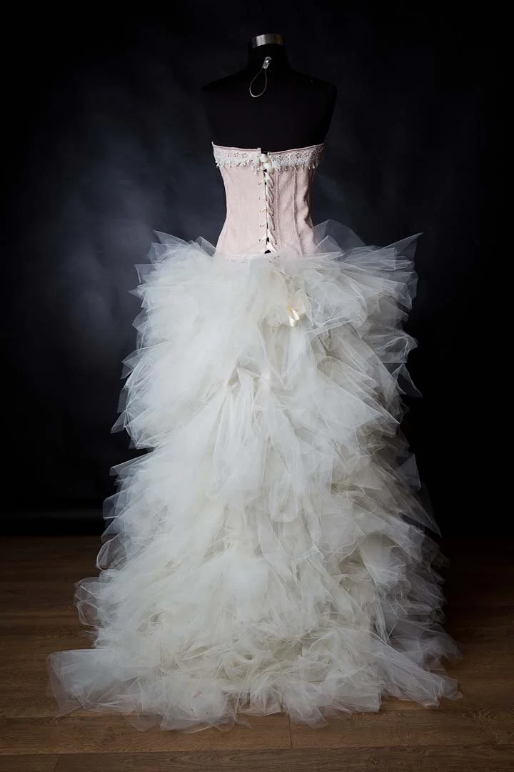 Custom Size Peach and Ivory Steampunk lace Burlesque Corset Dress short in the front long train in the back S-XL Glamtastik Custom Size Peach and Ivory Steampunk lace Burlesque Corset Dress short in the front long train in the back S-XL Glamtastik