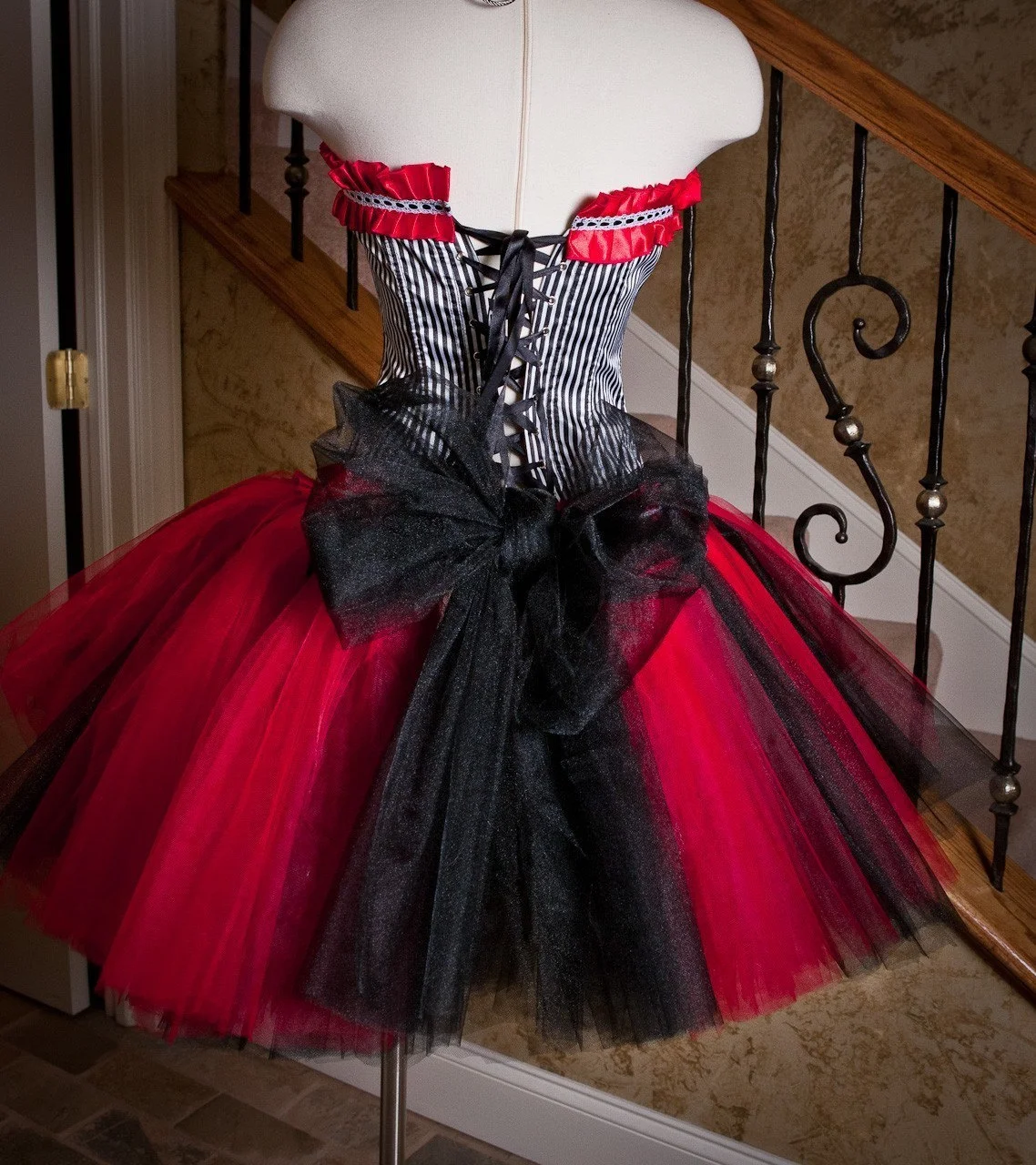 red corset tutu dress Custom size Red and Black Feather and tulle Burlesque Corset Prom Dress with red satin bow small-XL Glamtastik