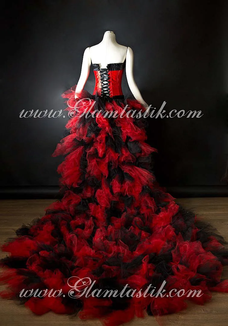 Custom Size Black and Red tulle Burlesque Corset Dress short in the front  long train in the back small-XL — Glamtastik, image size:756x1080