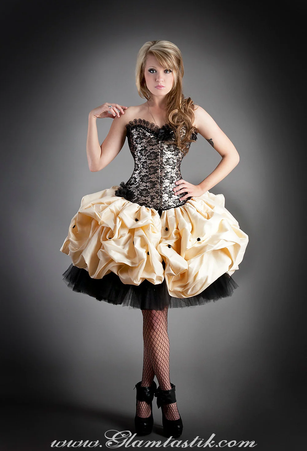 Custom Size black and gold lace burlesque corset prom dress with tulle and dupioni