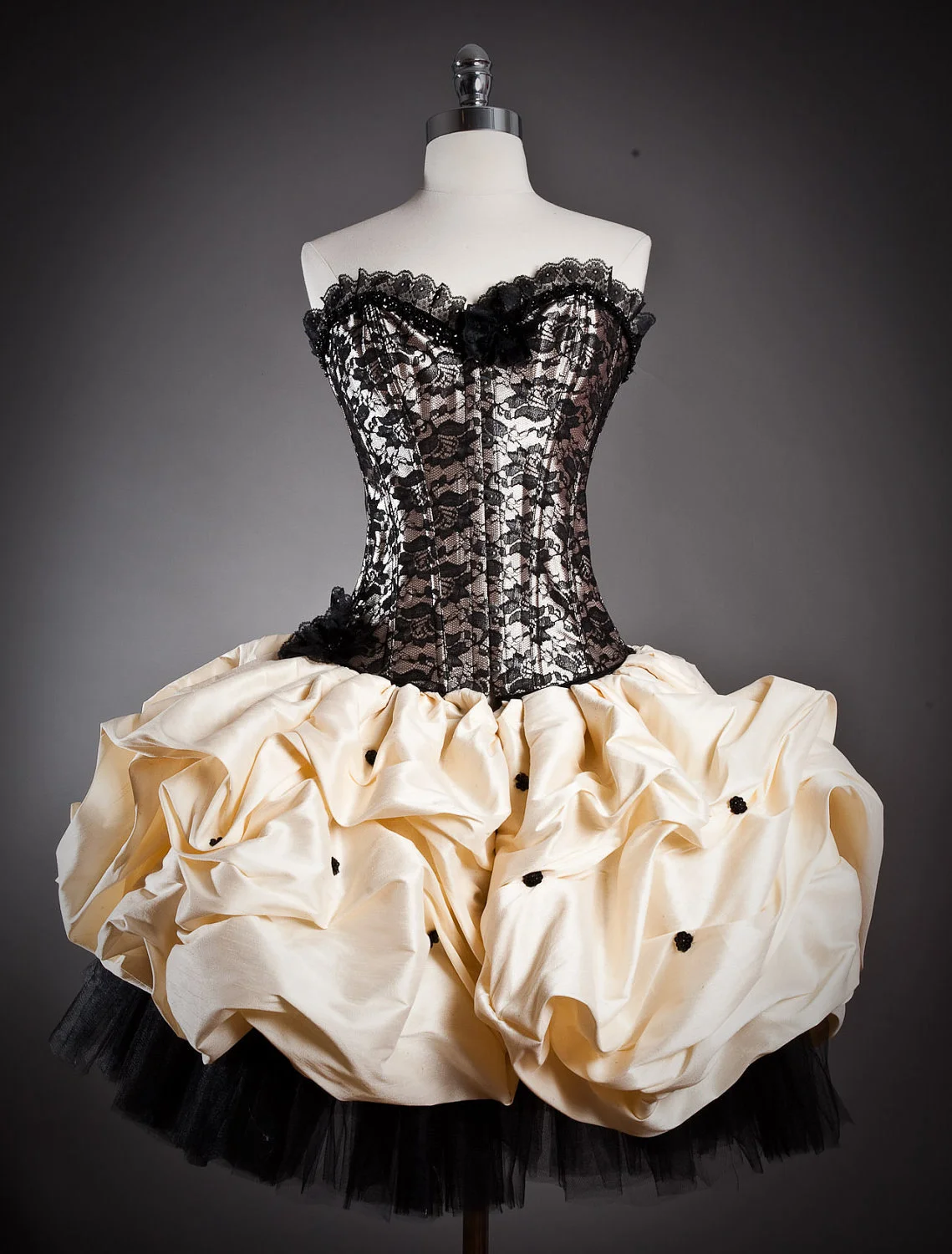 Custom Size black and gold lace burlesque corset prom dress with tulle and  dupioni  Glamtastik