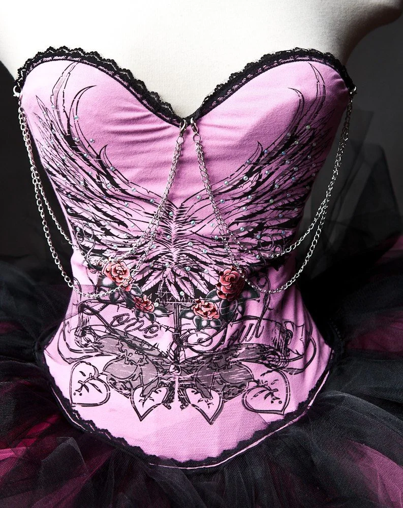 Custom Size Pink and black Corset tutu Prom dress with chain and wing  pattern  Glamtastik
