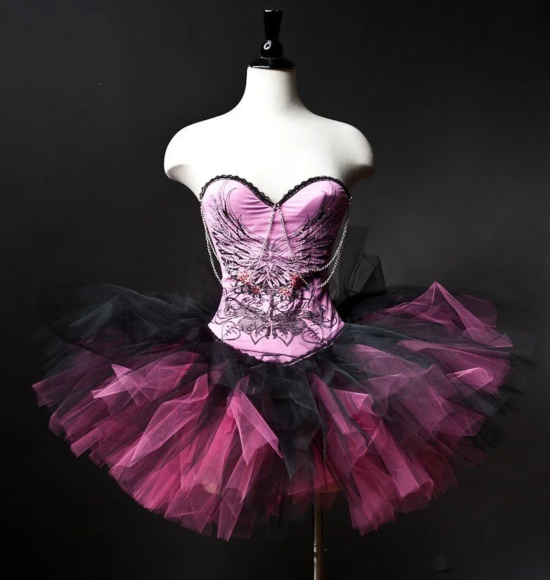 Custom Size Pink and black Corset tutu Prom dress with chain and wing pattern