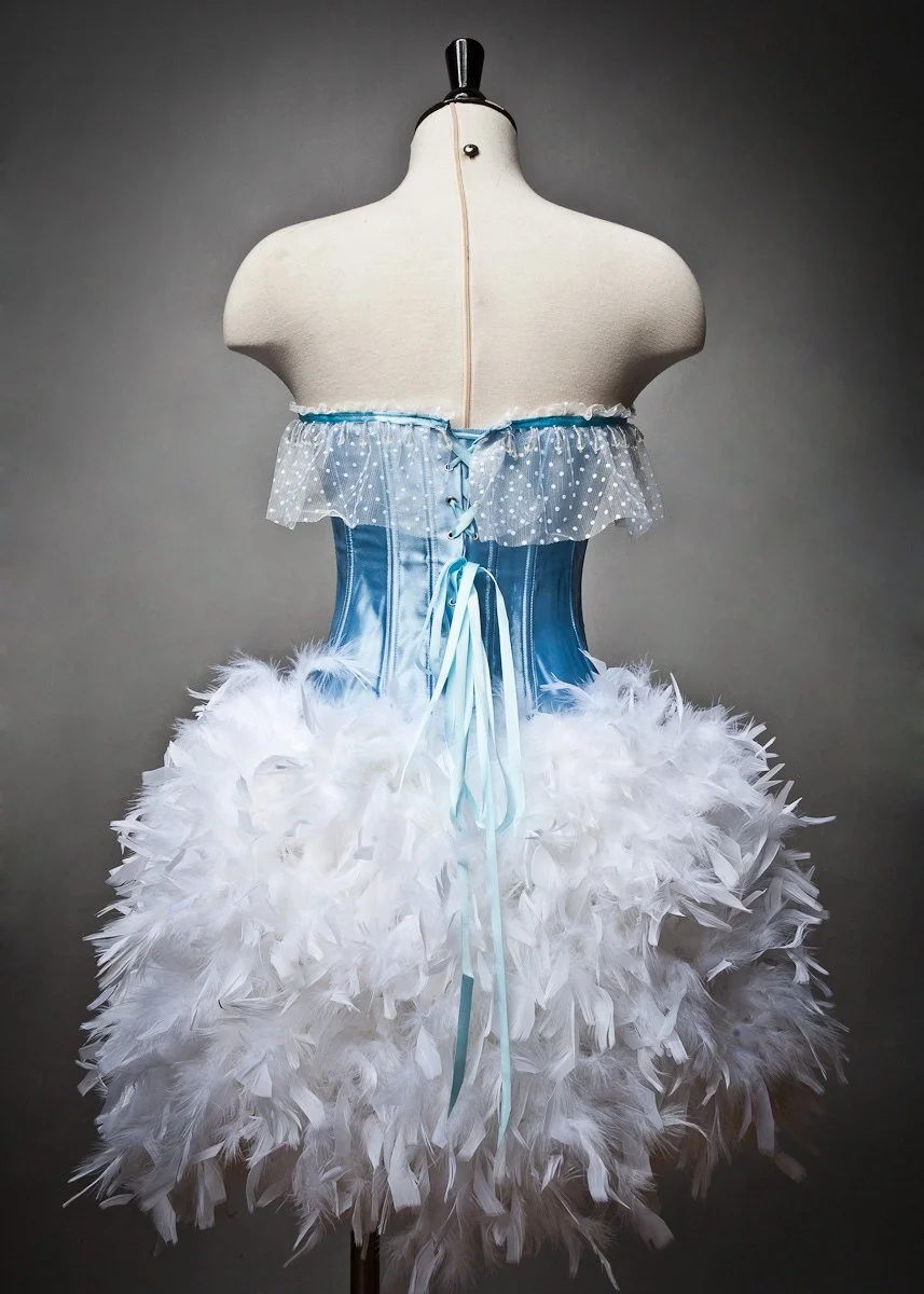 Custom Size Baby Blue and White Burlesque Feather Corset Dress Glamtastik Custom Size Baby Blue and White Burlesque Feather Corset Dress Glamtastik