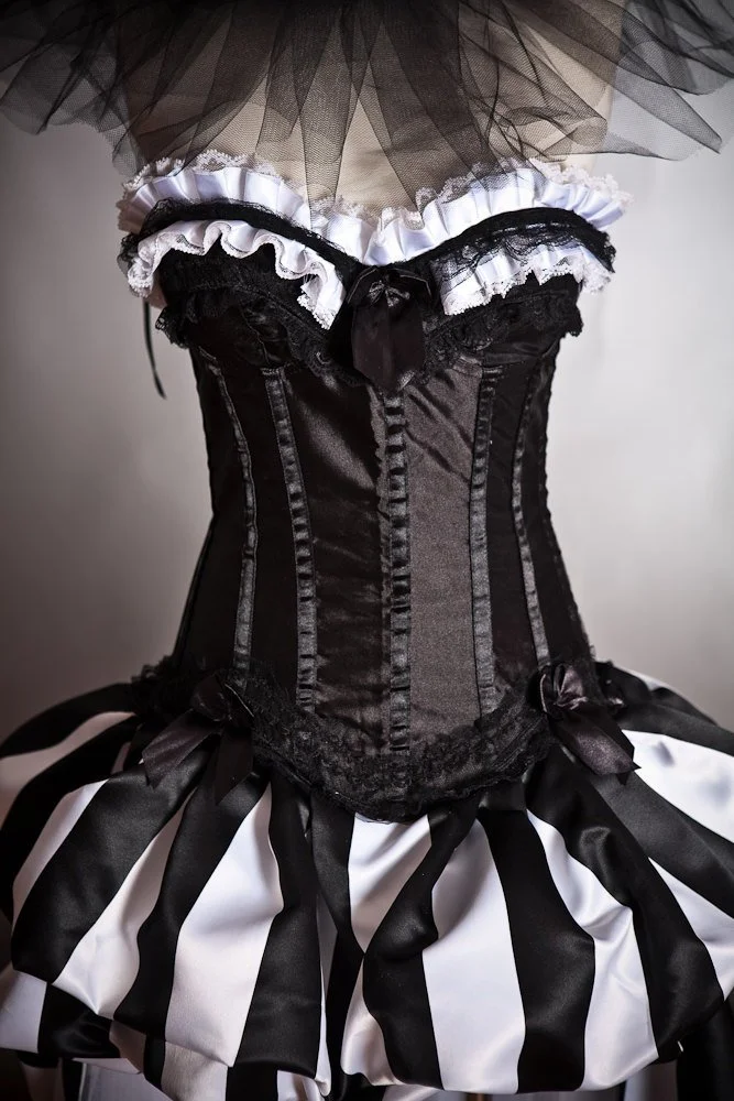 Custom size Black and White striped satin and tulle Circus Harlequin  Burlesque corset prom dress with neck piece  Glamtastik