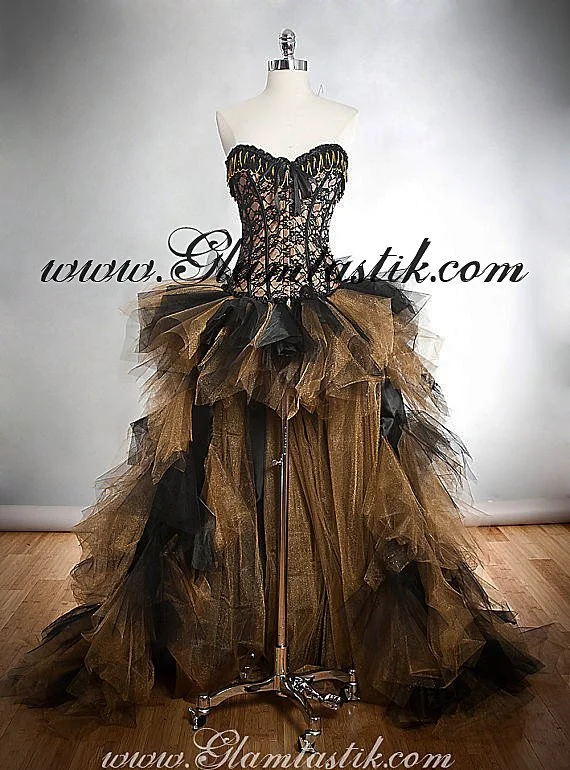 black and gold corset dress Victorian Steampunk Corset Top and Skirt