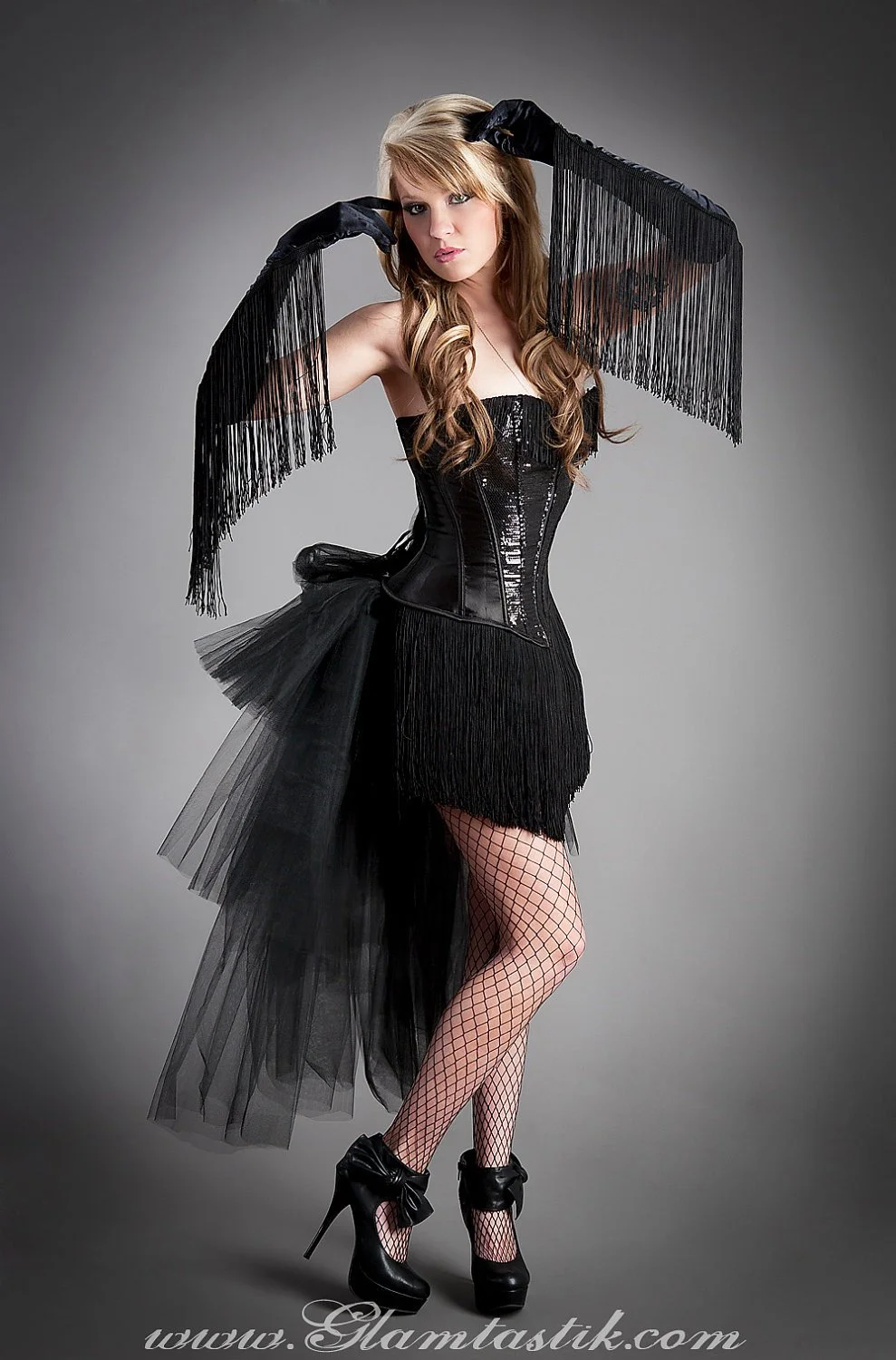 Custom Size Black Long Fringe with Sequins Burlesque Feather Corset Dress  and matching gloves S-XL  Glamtastik
