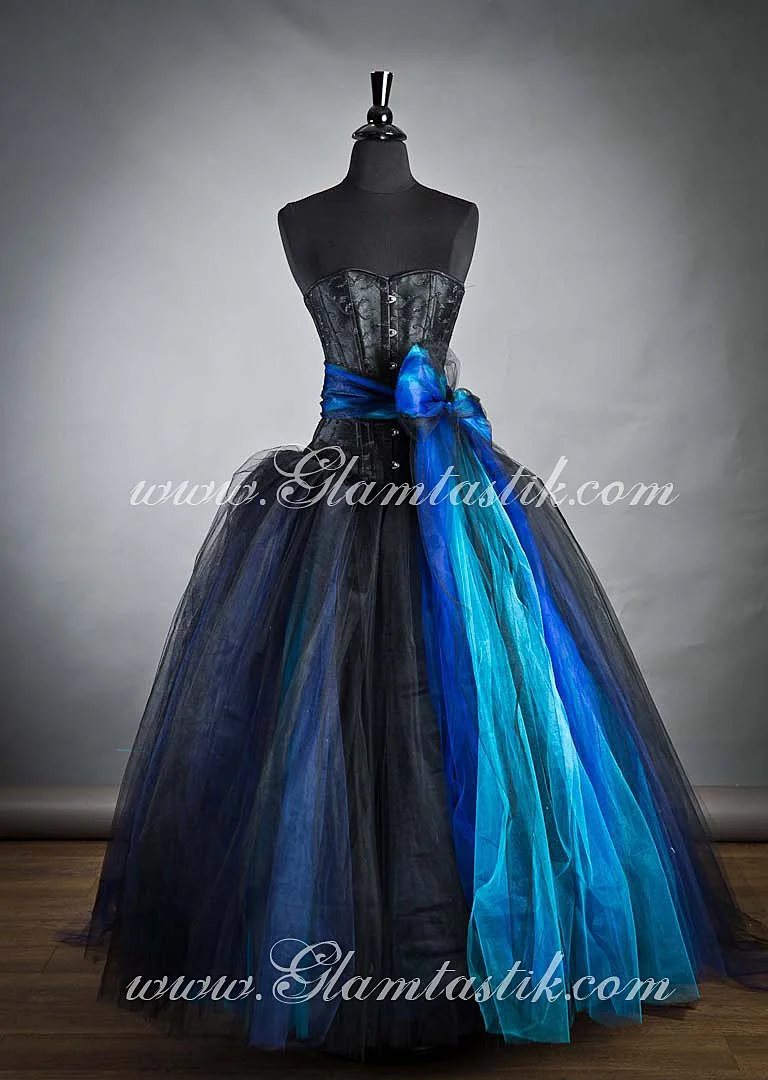 strapless open back dress Navy Blue and Black Tulle V-neckline Floor Length Party Dress Evening –  Cutedressy main image 0