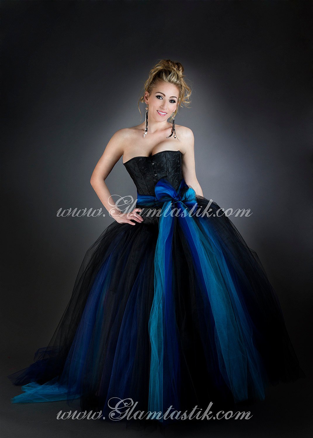 Custom Sizel Blue and Black burlesque corset Ball gown with bow Prom Dress S-XL