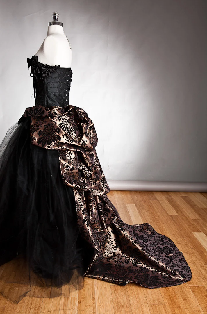 Custom Size bronze and black Damask burlesque tulle prom dress ball gown with long bustled train Glamtastik Custom Size bronze and black Damask burlesque tulle prom dress ball gown with long bustled train Glamtastik