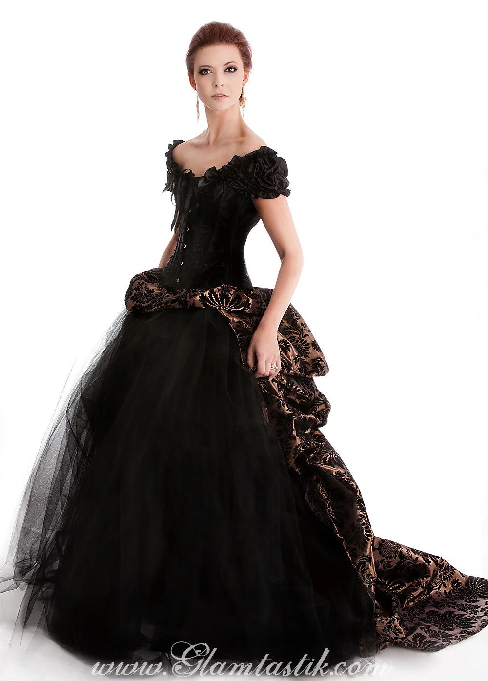 Custom Size bronze and black Damask burlesque tulle prom dress ball gown  with long bustled train  Glamtastik