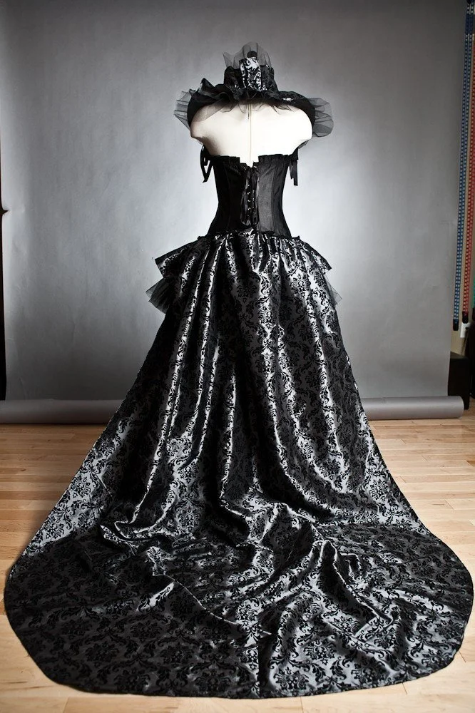 damask corset dress Baroque Rose Damask Floral Corset Maxi Dress with Ruffle Straps & Skirt in Midnight Navy Damask (Floral)