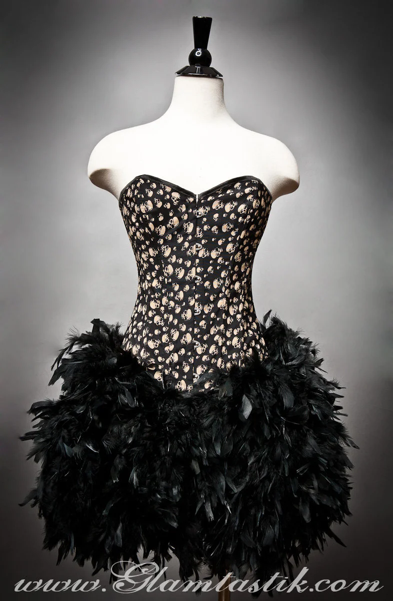 Custom size Black and ivory skull Burlesque Feather Corset Halloween Dress