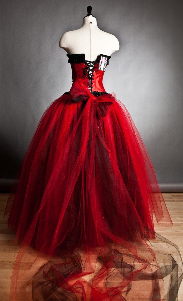 open lace back dress Ball Gown Black Red Corset Applique Lace Ruffle Evening Dress fg7235 –  formalgowns main image 0